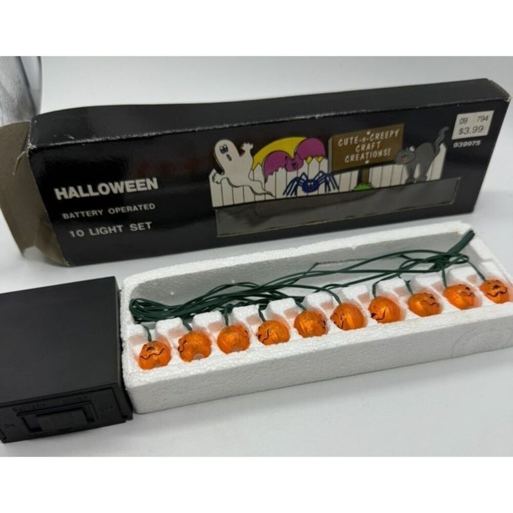 Vintage Halloween Pumpkin String Lights 10‎ Jack-O-Lantern Battery Operated 1994